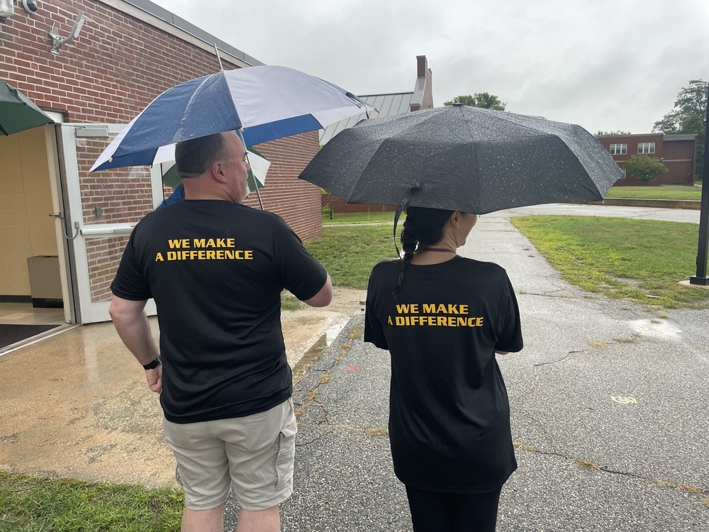 Two Teachers with Umbrellas