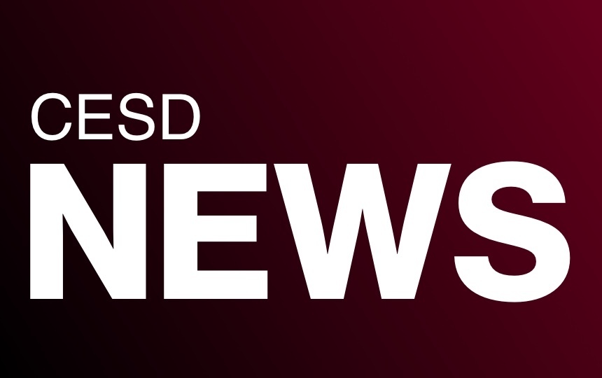 CE logo "news" maroon background with CESD News in white lettering, CESD is smaller, while NEWS is larger