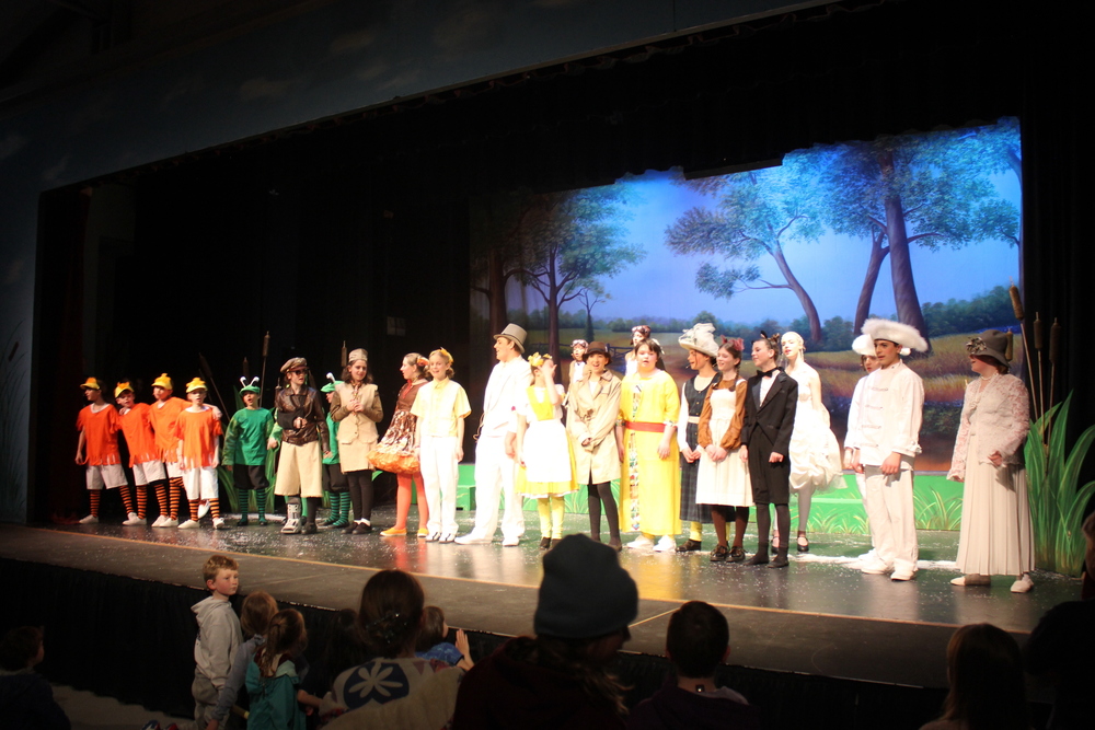 CEMS students gather on stage in costumes of the play HONK!