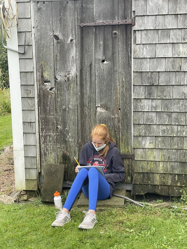 Writing by the barn. 