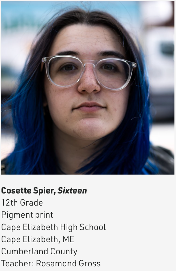 Cosette Spier, HS student with blue streaks in her hair and clear glasses
