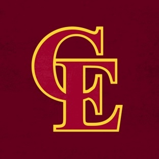 CE logo Red letters outlined in gold with a maroon background
